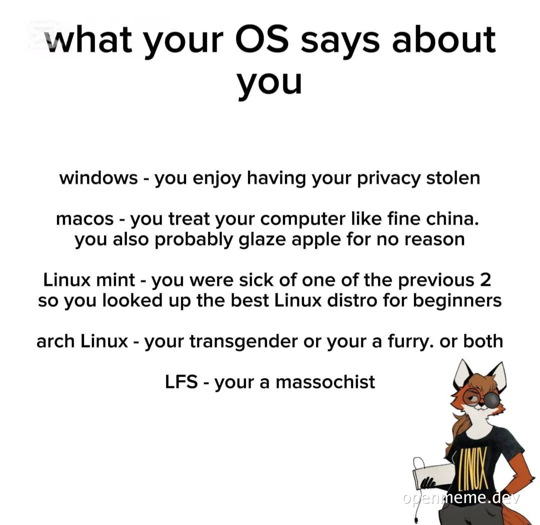 cartoon fox with text about OS stereotypes