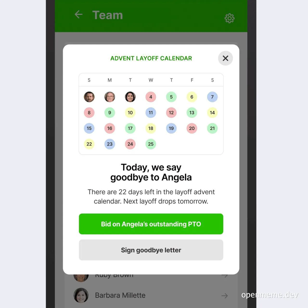 a screenshot of a phone displaying a calendar counting down to layoffs