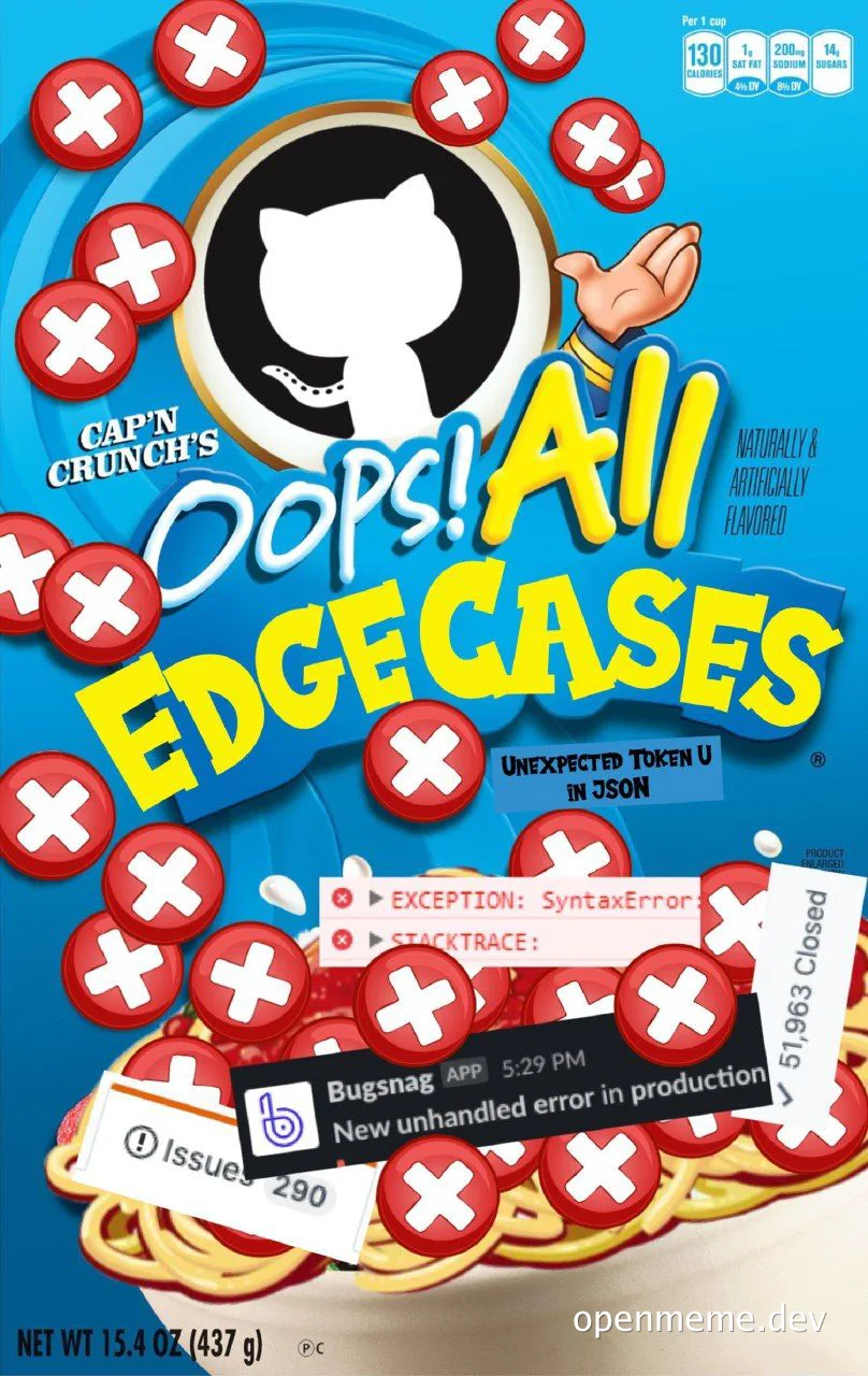 meme image of cereal box with error messages