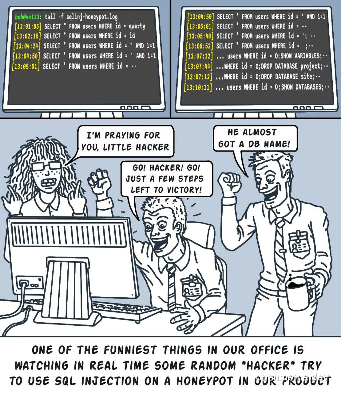 cartoon of office workers watching a hacker try sql injection on a honeypot