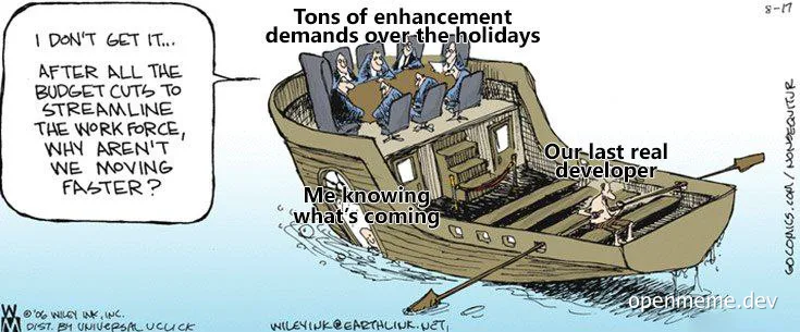 cartoon of a boat with one developer rowing while others are making demands