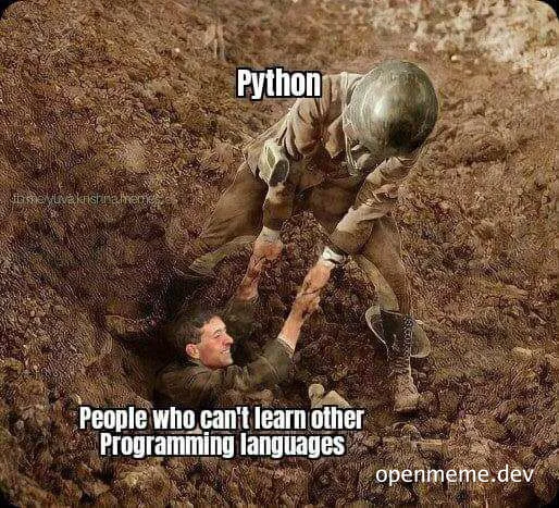 Meme of a soldier labeled 'Python' pulling another man out of a hole, captioned 'People who can't learn other Programming languages'