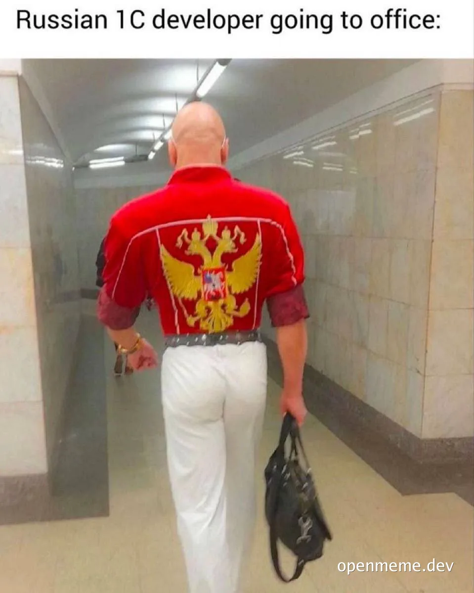 Russian 1C developer walking to office in bold red shirt with golden double-headed eagle