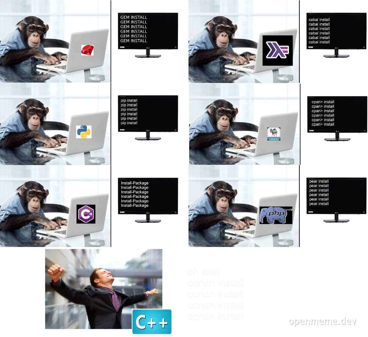 monkey installing software on laptop with various package managers