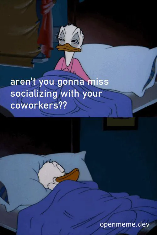 Drake meme of duck not missing coworkers