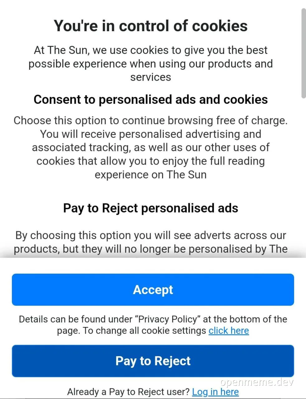 pay to reject personalized ads cookie consent