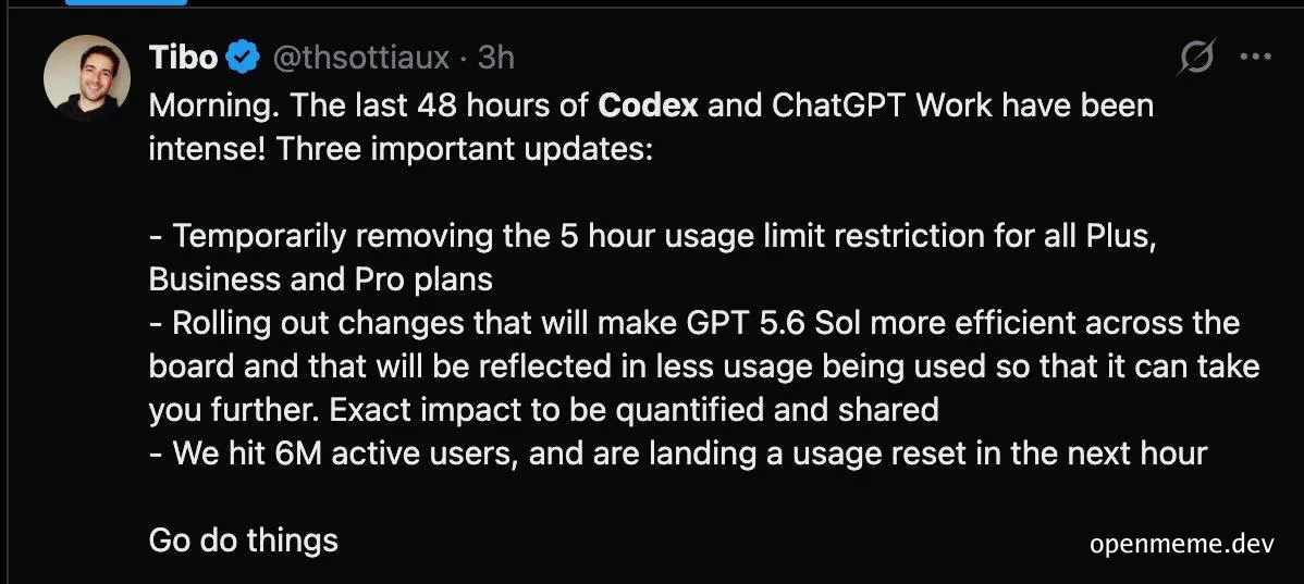 Tweet about Codex and ChatGPT Work updates