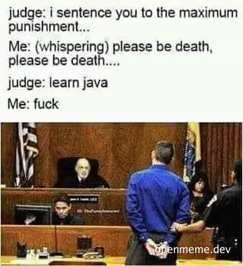 Courtroom scene with a man in handcuffs standing before a judge, reacting to a sentence to learn Java