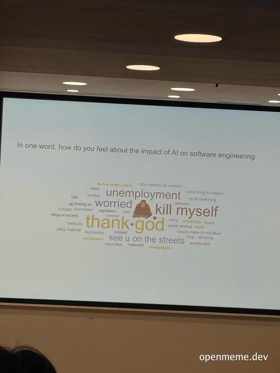 Projected slide showing a word cloud of developer reactions to AI's impact on software engineering