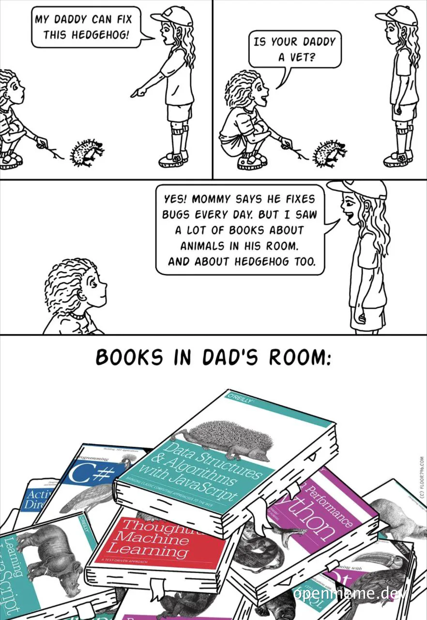Comic strip of children discussing their father's profession with a pile of programming and animal books