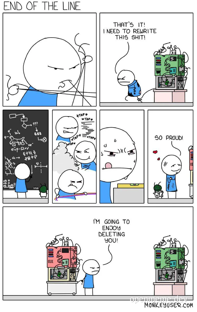 cartoon character rewriting code on a computer with a frustrated expression