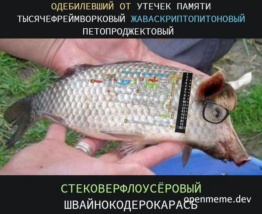 Fish with coding overlay and glasses, humorous meme about programming