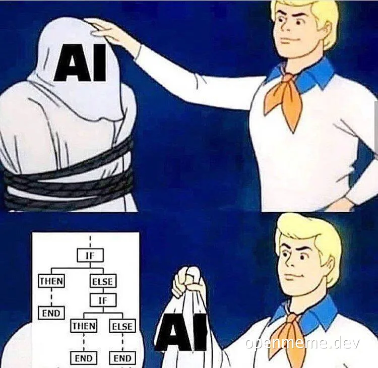 Scooby-Doo meme with AI replacing mystery figure and flowchart