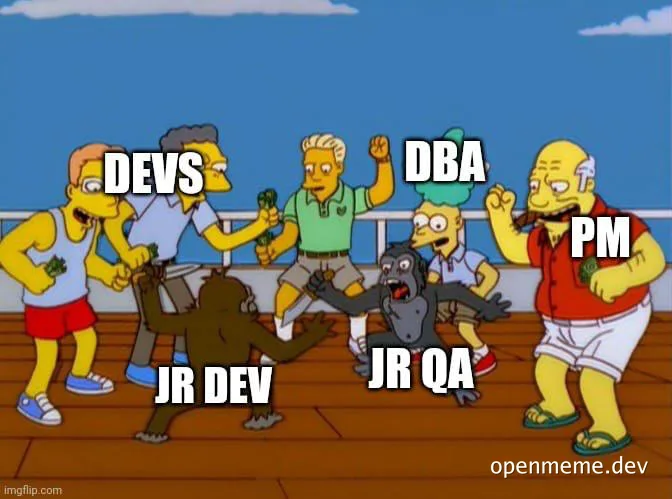 Simpsons meme of people fighting over a bear and a gorilla labeled with developer roles