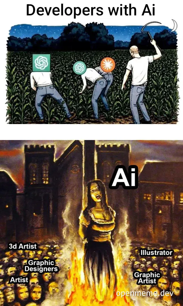Top panel shows developers using AI tools in a cornfield, bottom panel shows AI burning a witch labeled with artist roles like 3D Artist and Illustrator.