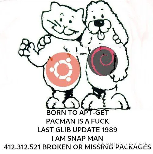 Pacman and Tux meme with Linux distro logos
