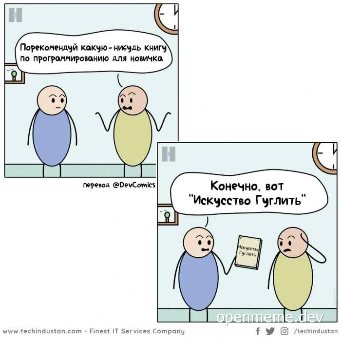 cartoon of two programmers talking about a book on programming for beginners