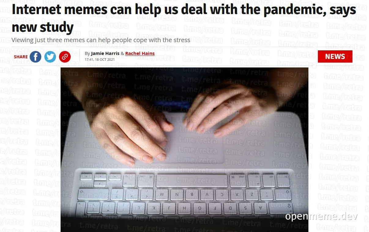 hands on laptop keyboard with article title about internet memes and pandemic stress