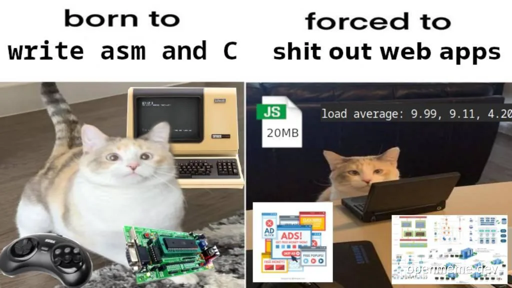 cat sitting next to old computer and circuit board, another cat looking at laptop with web development screens