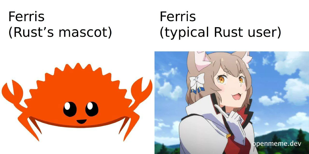 Ferris the crab mascot for Rust programming language next to an anime girl
