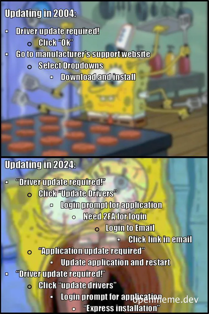 SpongeBob SquarePants meme comparing driver updates in 2004 and 2024