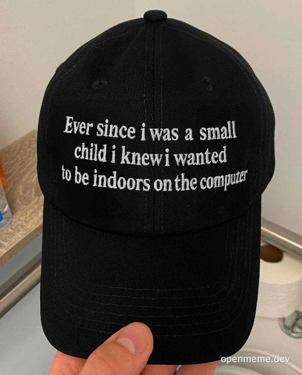 Black baseball cap with white embroidered text reading 'Ever since I was a small child I knew I wanted to be indoors on the