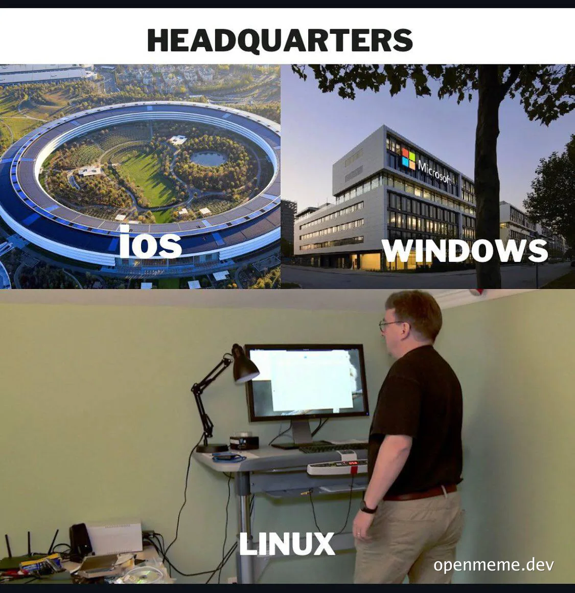 humorous comparison of ios, windows, and linux headquarters