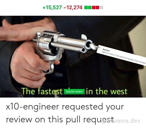 A hand holding a revolver with a pull request review notification