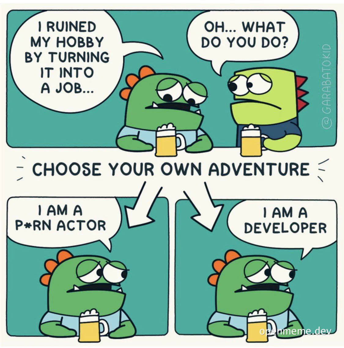 Cartoon dinosaurs discuss turning a hobby into a job