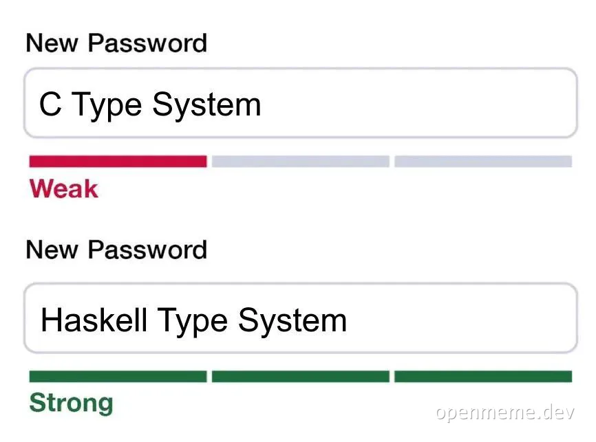 Password strength meter rating the C Type System as weak and the Haskell Type System as strong