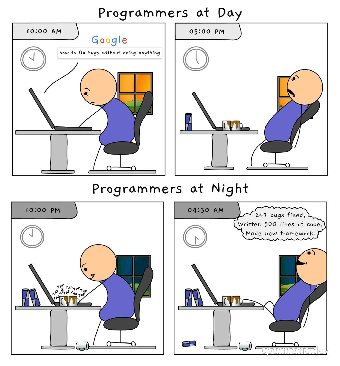 cartoon programmer sitting at desk during day and night