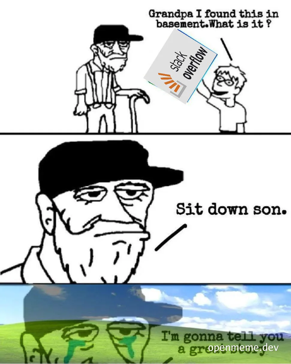 A meme depicting an older man and a younger man with a Stack Overflow logo, referencing a story about the history of the platform.