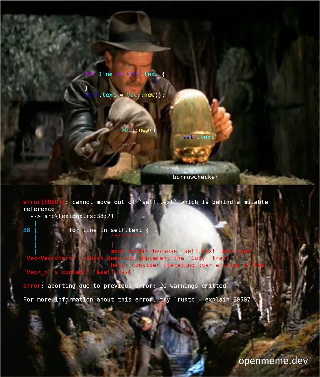 indiana jones holding a golden idol with rust code errors