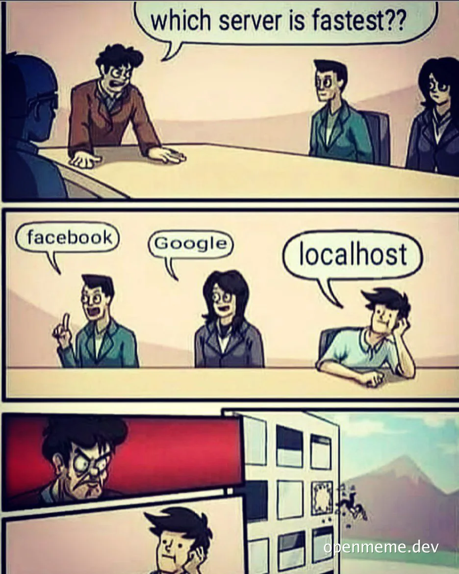 Cartoon of a meeting where someone asks which server is fastest and the responses are facebook, google, and localhost.