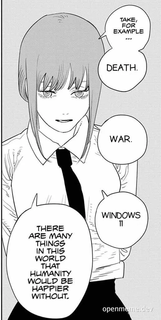 A manga-style girl in a white shirt and black tie with speech bubbles about things humanity would be better off without, including Windows 11.