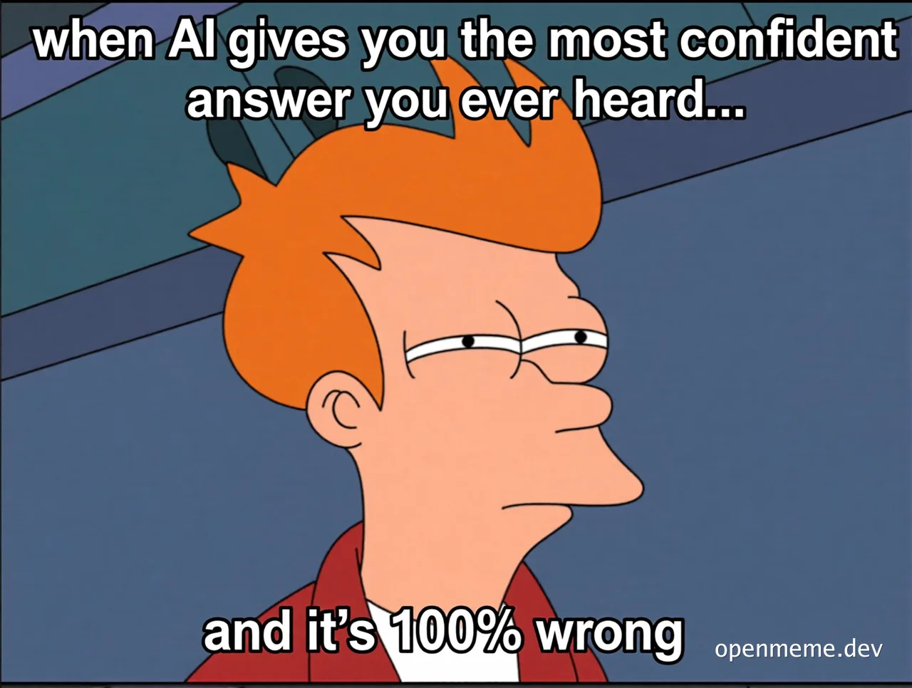 Futurama Fry skeptical face with caption about AI giving a confident wrong answer