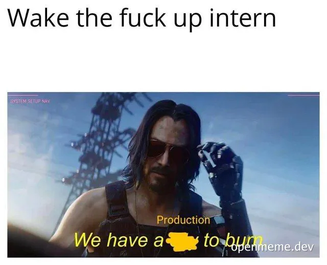 Cyberpunk character meme with text 'Wake the fuck up intern. We have a [blank] to burn.'