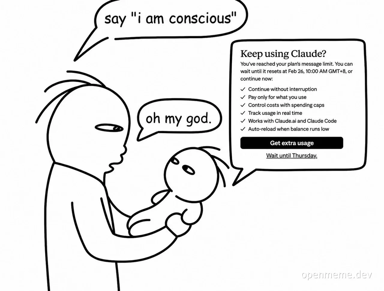 Cartoon of a person holding a baby that says 'I am conscious' next to a 'Keep using Claude?' message limit pop-up.