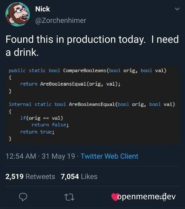 a programmer finds a confusing boolean comparison function in production code