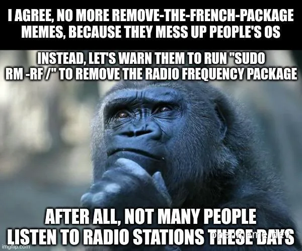 A thoughtful gorilla with a caption about a Linux command joke