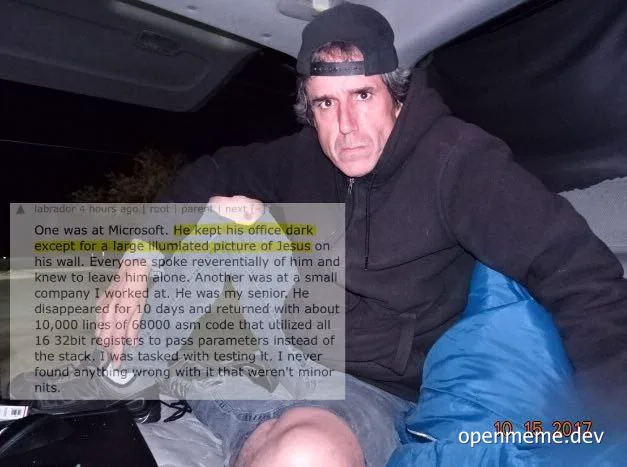 man in sleeping bag with text about programmer at Microsoft