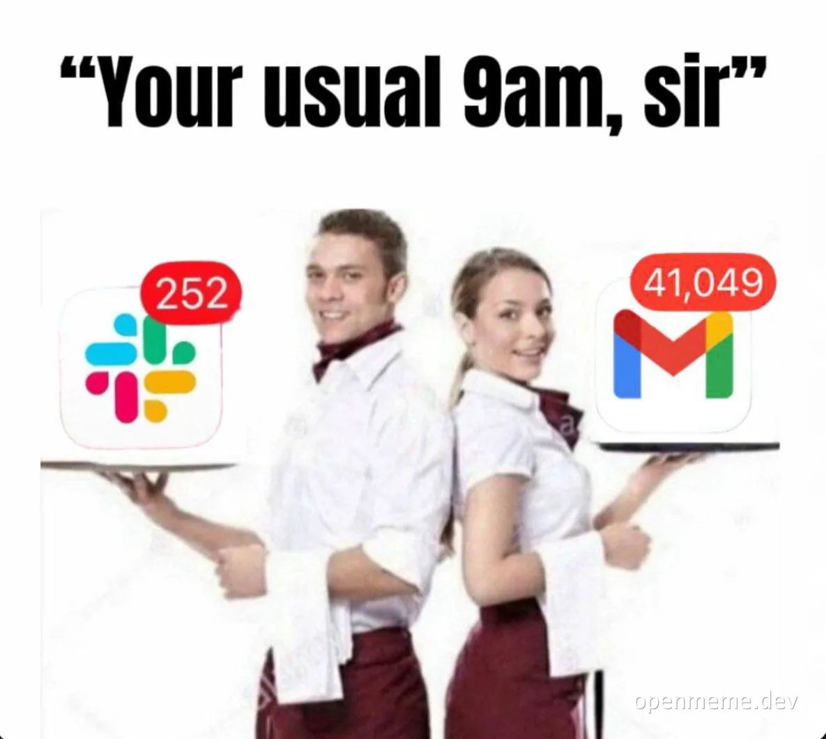 Waiter and waitress holding trays with Slack and Gmail notifications