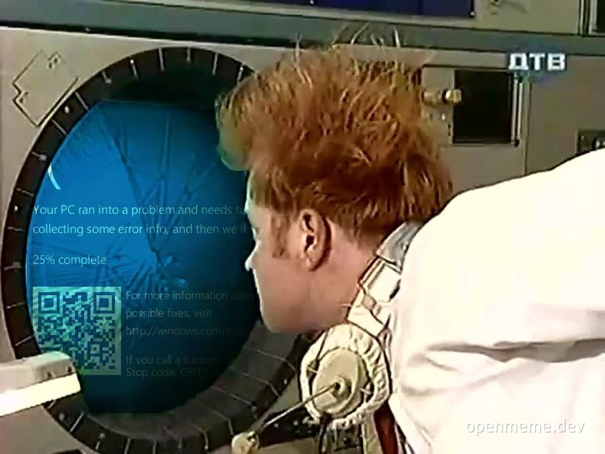 Astronaut looking at a computer screen displaying a Windows Blue Screen of Death