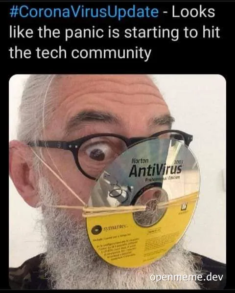 man with antivirus cd on face coronavirus panic