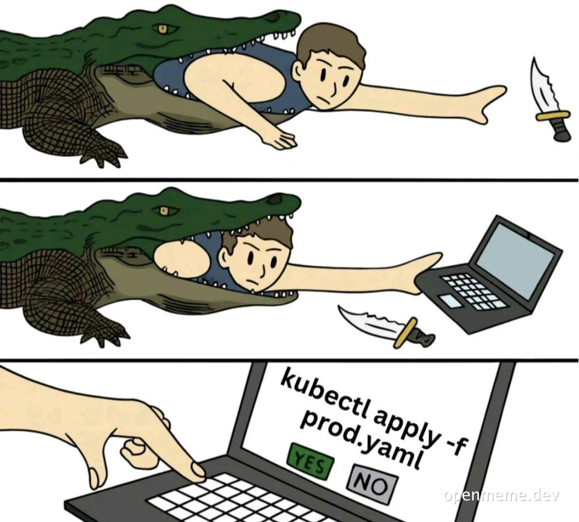 A meme comic showing a man in an alligator's mouth choosing a laptop over a knife, then running 'kubectl apply -f prod.yaml' on the laptop.