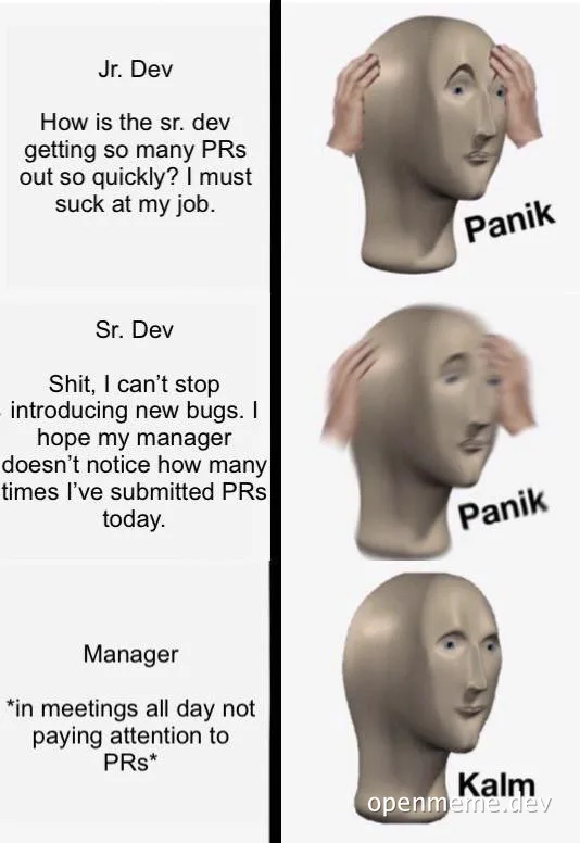 junior and senior developer stress and manager calmness meme