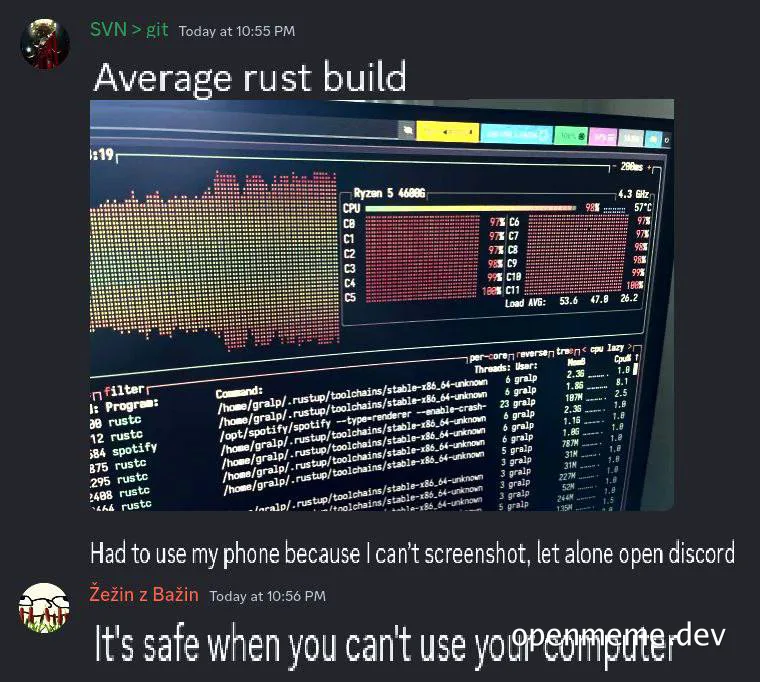 meme image of a computer screen showing a long build time for a Rust program