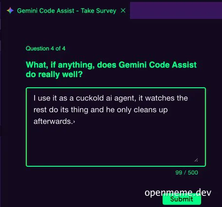 Gemini Code Assist survey question with humorous response about using AI as a cuckold agent