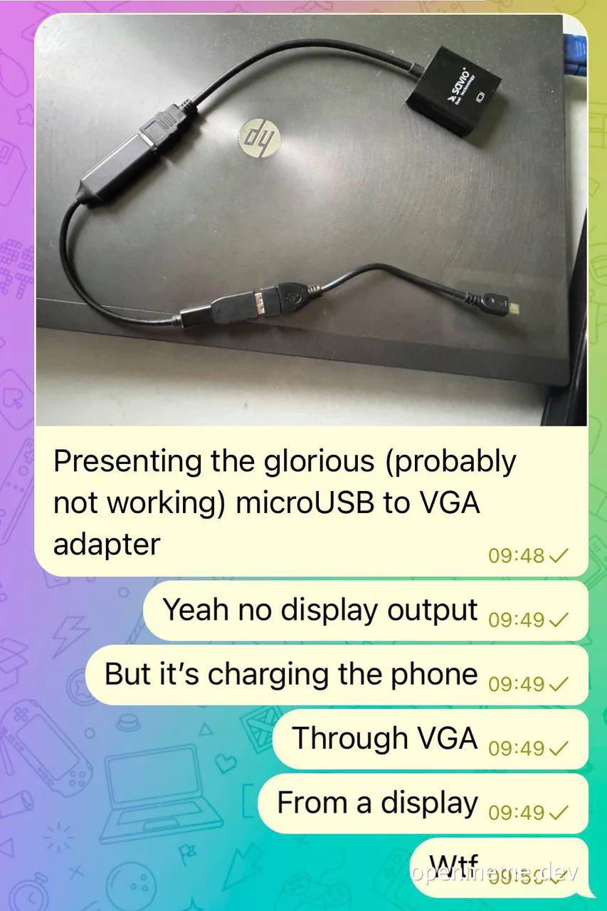 A photo of a microUSB to VGA adapter on an HP laptop with a humorous conversation about its questionable functionality.