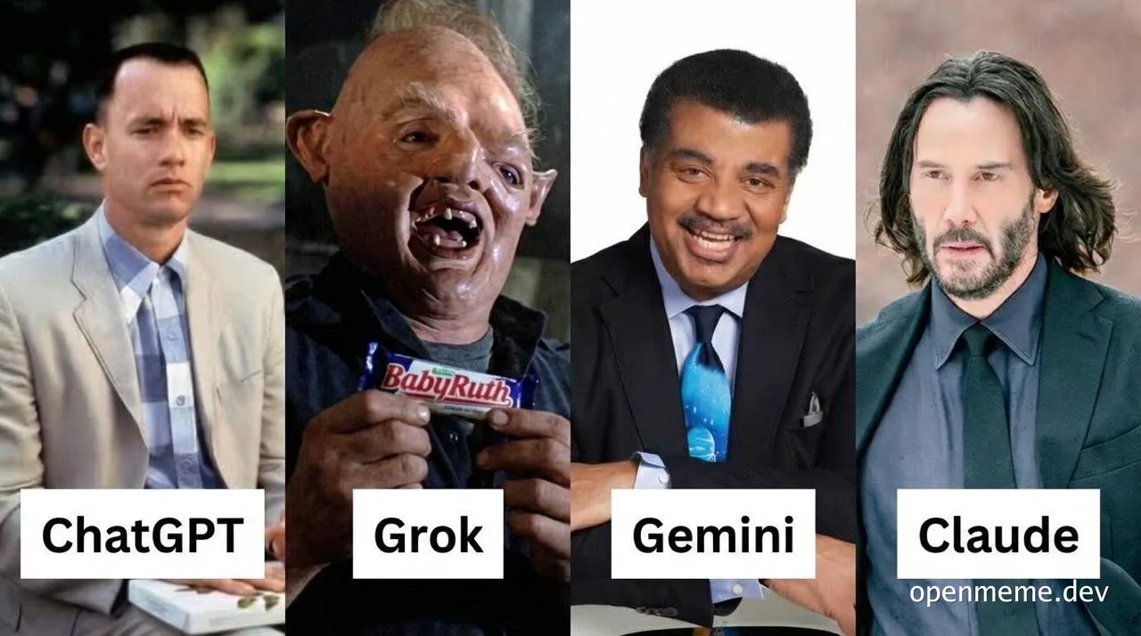 Meme comparing ChatGPT, Grok, Gemini, and Claude AI models